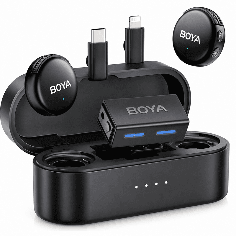 Microfone BOYA BOYALINK 3 USB-C Lightning cardioide com IA DNN e case de carga